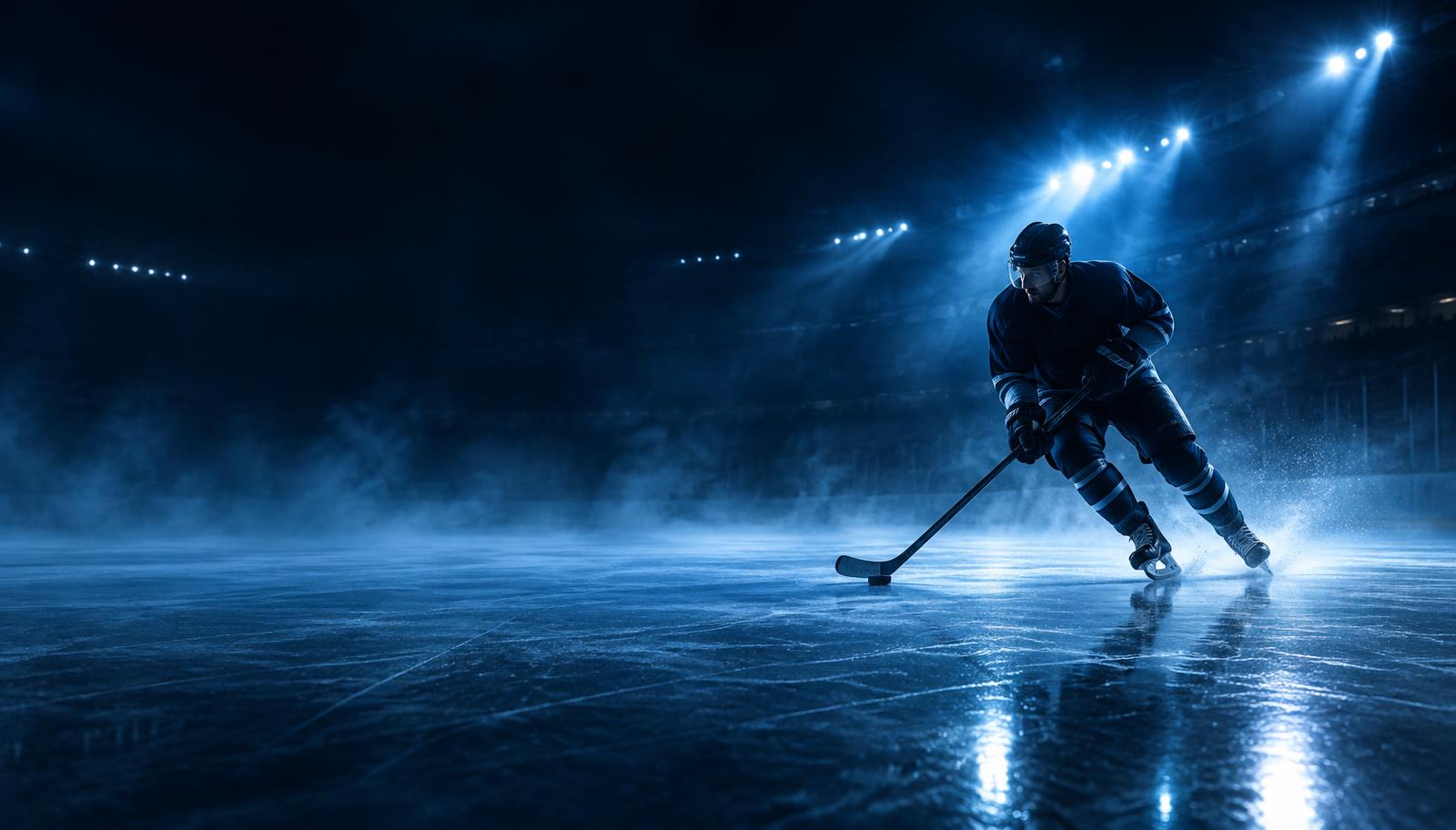 Hockey players on the ice in a floodlit arena